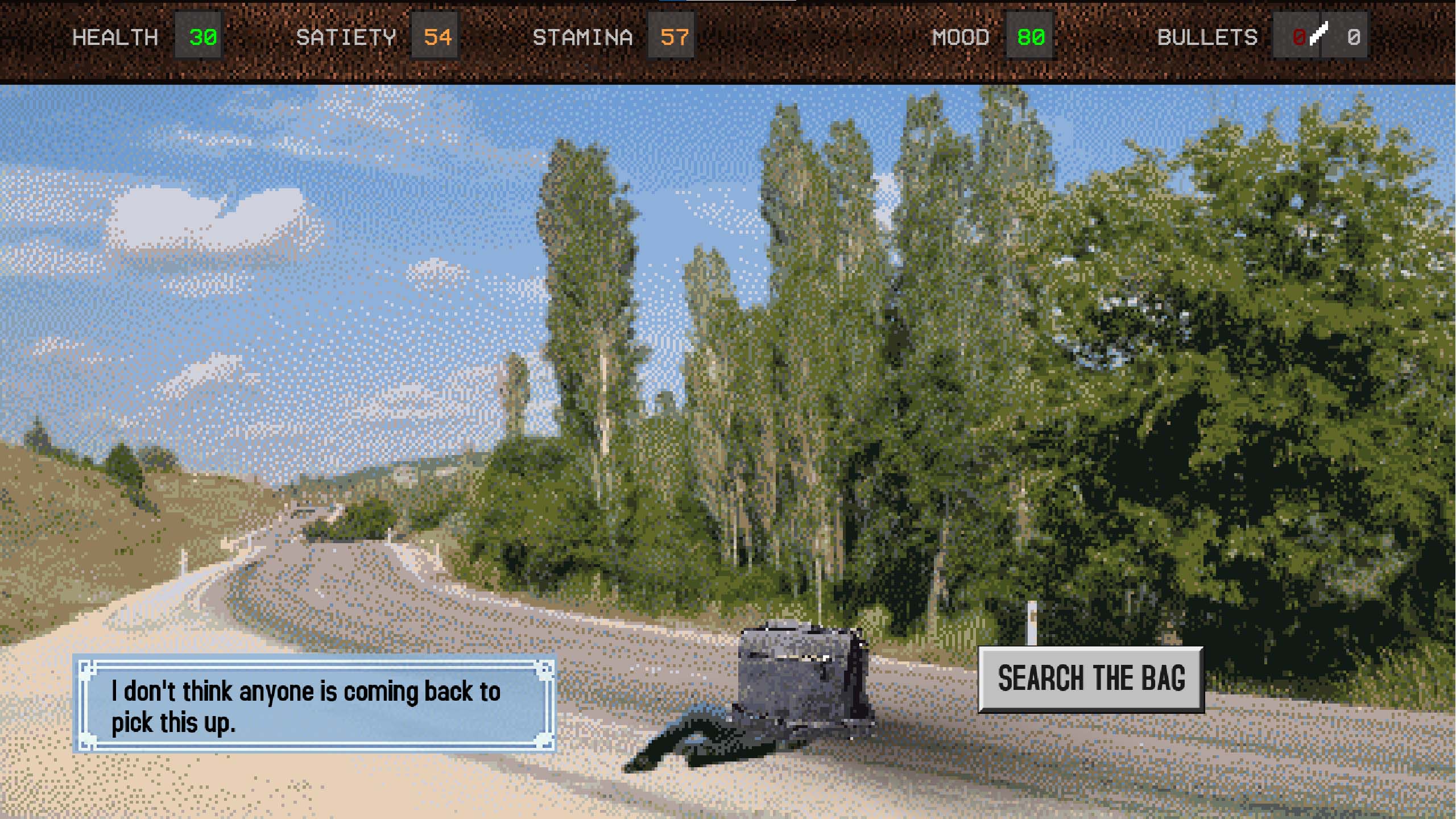 gameplay screenshot - dead man with bag by side of road