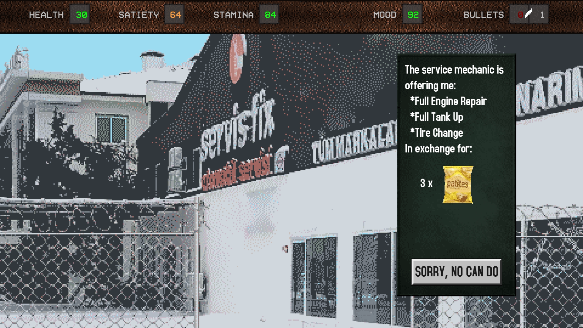 gameplay screenshot - outside of garage offering a trade