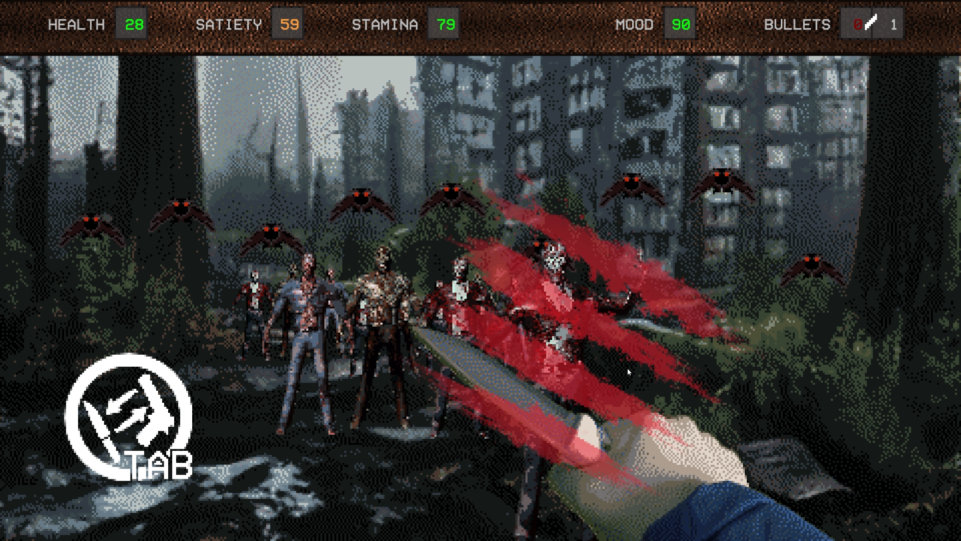 gameplay screenshot - combat against multiple zombies and bats